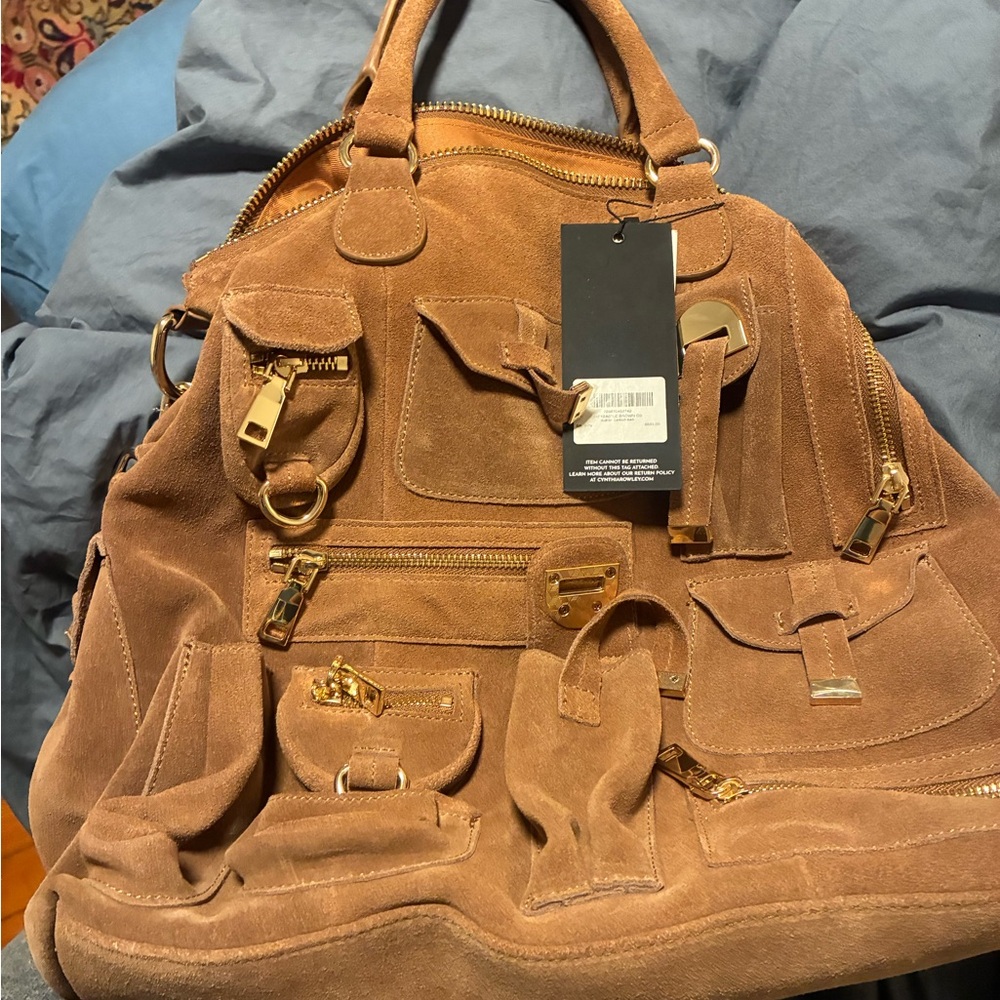Men's Suede Brown Multi-Pocket Tote Bag